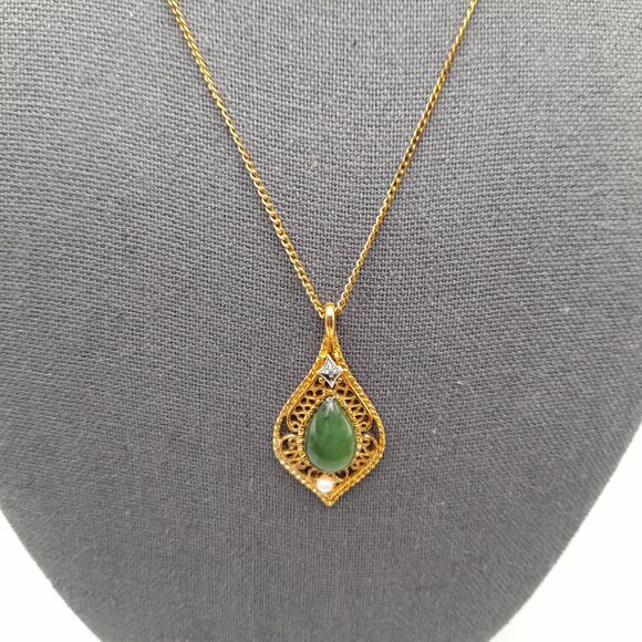 Vintage Genuine Jade Cultured Pearl Pendant Necklace Pat Pend 1970s - Picture 3 of 9